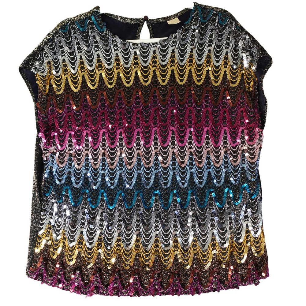 Vintage Disco Top Womens Large Multicolor Sequin Zig Zag Metallic Party‎ Blouse